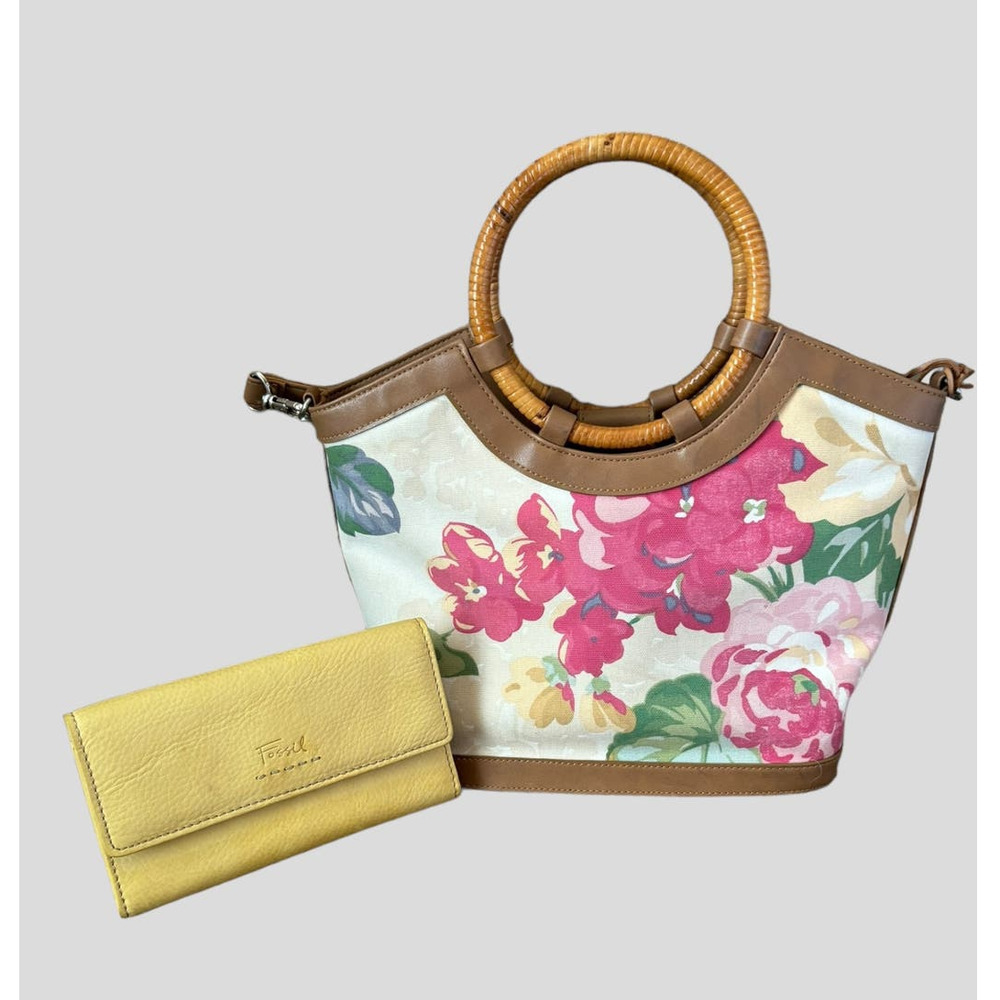Fossil Floral Leather Canvas Handbag Purse With Leather Wallet Lot